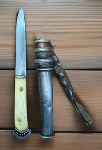 Antique Early 20th Century Tibetan Utility Knife Dagger W/ Scabbard Bone Handle - Picture 1 of 8
