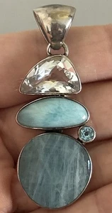Vintage sterling silver faceted Aquamarine Larimar Topaz pendant signed IN 925 - Picture 1 of 9