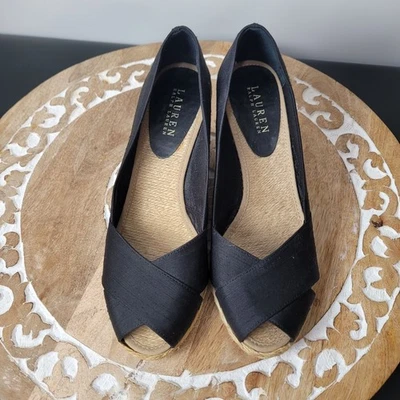 Lauren Ralph Lauren Cecilia Negro Shantung Cuña Alpargata Zapatos Talla 10B Con Foto 1 de 4