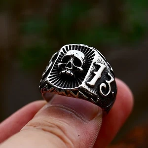 Gothic Number 13 Skull Ring Stainless Steel Men's Vintage Biker Punk Skull Ring - Picture 1 of 6