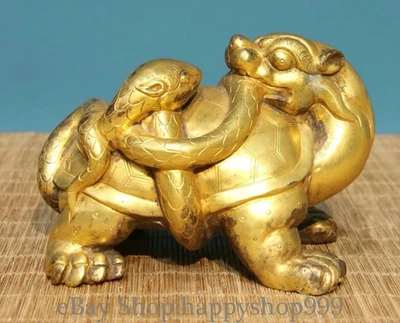 Estatua de tortuga negra sagrada dorada de bronce de la dinastía china de 4,4" Foto 1 de 4