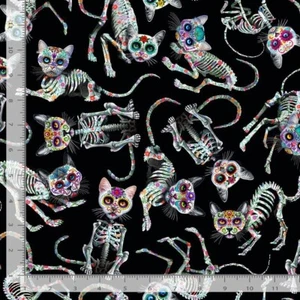 Feline Drive Fabric DAY OF THE DEAD Tossed Skeleton Cats Black Sold by the Yard - Picture 1 of 7