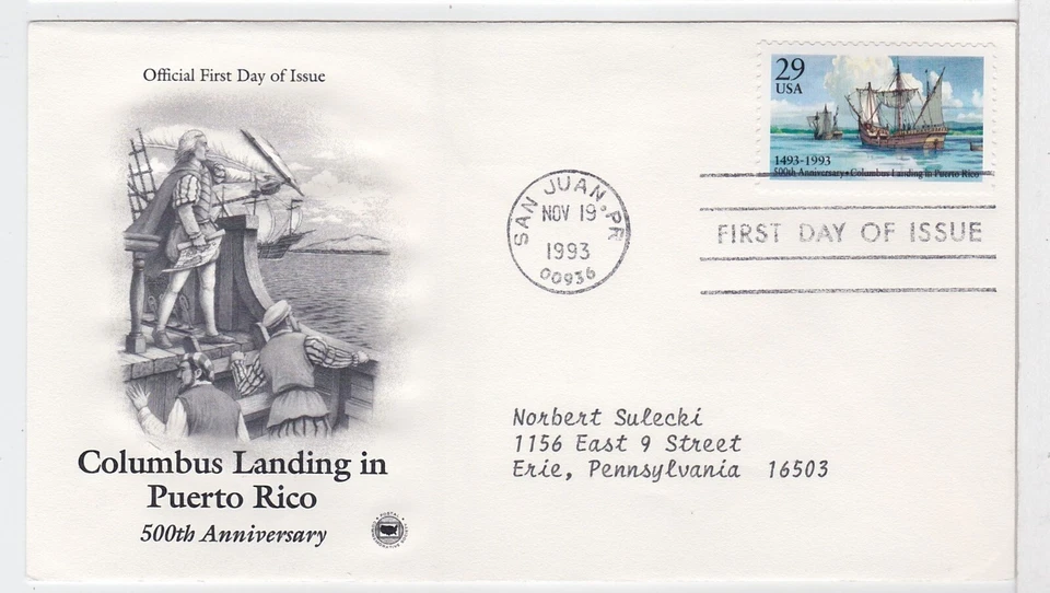 TurtlesTradingPost- Columbus in Puerto Rico- 1993 #2805 FDC- Artcraft Variety - Image 1 of 1