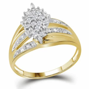 10k Yellow Gold Womens Round Prong-set Diamond Oval Cluster Ring 1/5 Cttw - Picture 1 of 2