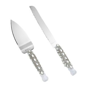 Silver Cake Cutting Set for Wedding with Knife and Server, Crystals, Ribbon