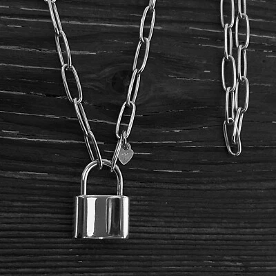 Collar de cadena con clip y broche colgante de candado de plata de ley 925 de 3 mm Foto 1 de 4