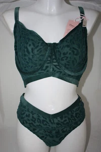 Boux Avenue ~ZELDA ~long line bra thong set BNWT green flock mesh UK 36FF 14 - Picture 1 of 5
