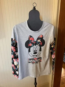 NEW W/ TAG~DISNEY~MINNIE MOUSE ~Grey/Floral~L/SLV~Knit Top/Tee ~Size~XXL (15/17) - Picture 1 of 10