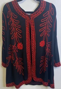 CATHERINES Black Red Embroidered Open Cardigan Plus 3X Long Sleeve Women - Picture 1 of 6