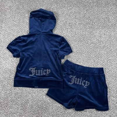 Juicy Couture Velour Hoodie Shorts Tracksuit Set Womens Medium Blue Atlantis - Image 1 of 4