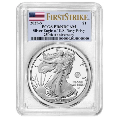 Preventa - Prueba 2025-S $1 American Silver Eagle Navy Privy PCGS PR69DCAM FS Foto 1 de 3