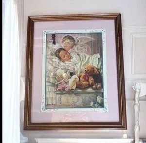 LK NW Homco Framed Print Guardian Angel Kissing Sleeping Child Girl FREE S/H - Picture 1 of 2