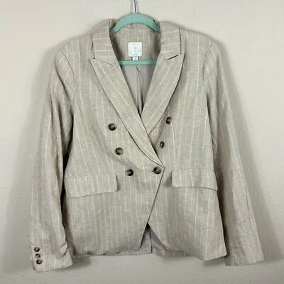 Chaqueta Blazer Joie Talla Grande en Beige Mezcla de Lino Rayas Forrada Marfil Foto 1 de 4