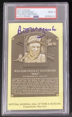 Bill Mazeroski Signed Gold Plaque HOF Postcard Yellow Pirate PSA/DNA Auto 9 - Image 1 of 2