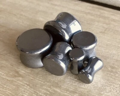 PAIR Hematite Stone Plugs Hemitite Organic Gauges Earlets Tunnels Body Jewelry - Image 1 of 4