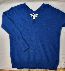 Max Studio 100% 2-fädiger Kaschmir taillierter Pullover doppelter V-Ausschnitt Gr. Medium dunkelblau - Bild 1 von 9