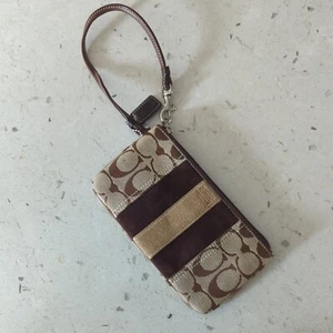 Coach Women's Color Block Canvas Signature Small Wristlet Tan Brown Suede Leathe - Picture 1 of 9