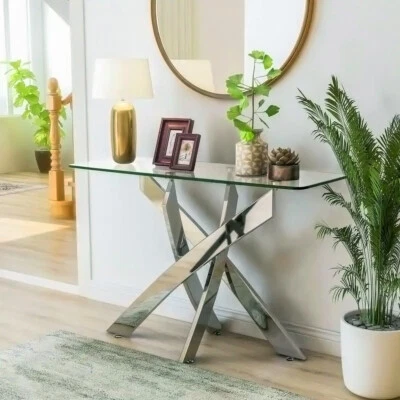 120cm Glass Console Table with Clear Tempered Glass and Chrome Cross Legs UK - Image 1 of 4