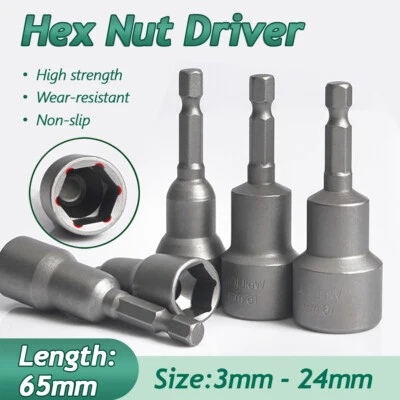 Magnetic Hex Nut Driver Long 65mm Socket Set Impact Drill Bit 1/4" 3mm - 24mm - Image 1 of 4