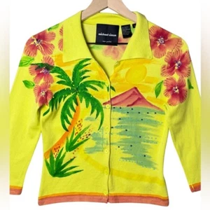 Michael Simon Vintage Women’s Cotton Blend Sequined Beach Island Huts Cardigan S - Imagen 1 de 14
