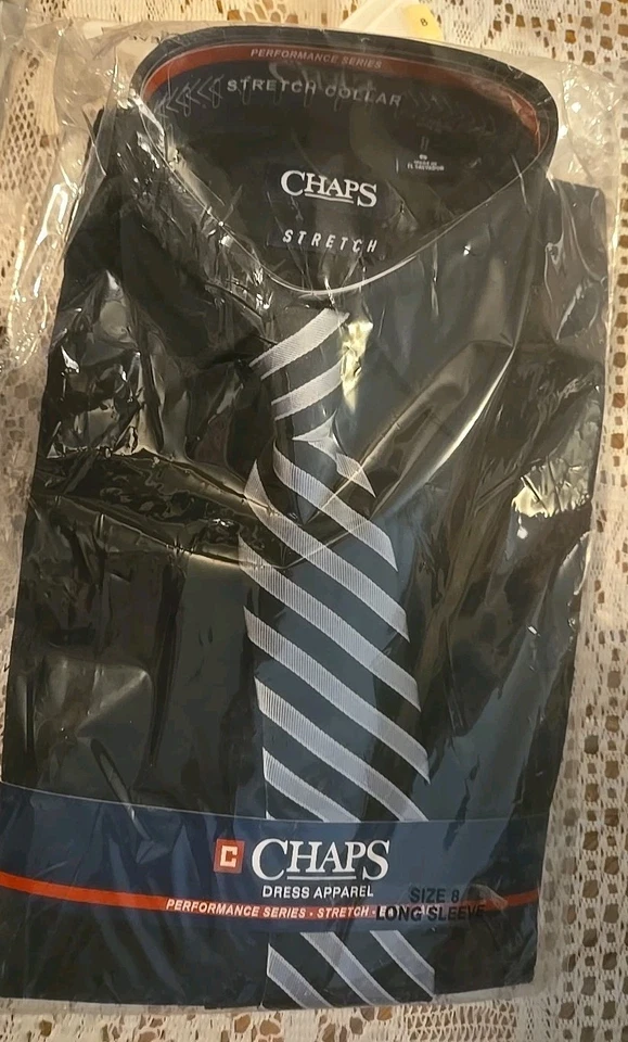 CHAPS Boy's Black Shirt Gray and Black Striped Tie Set Size 8 In Package