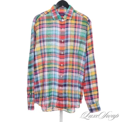 Ralph Lauren Purple Label Made In Italy 100% Linen Rainbow Madras Plaid Shirt L - Image 1 of 4
