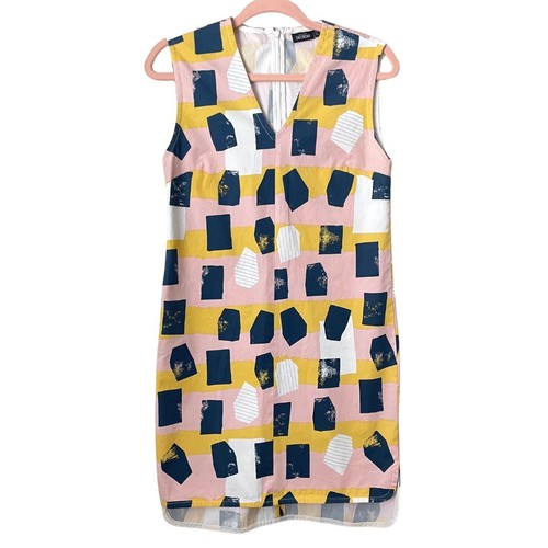 Abito Kate Spade donna XS rosa blu sabato mini geometrico senza maniche scollo a V