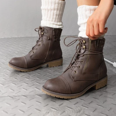 Women Combat Riding Boots Low Heel Lace Up Side Zipper Ankle Boots - Image 1 of 4