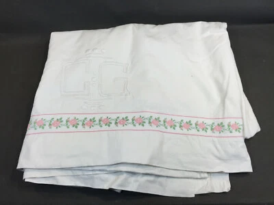 Ancien drap en coton ou fil de coton brodé blanc monogramme GG vintage - Photo 1/3