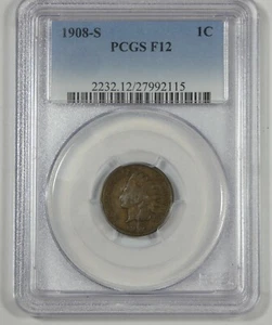 1908-S Indian Head/Oak Wreath w/Shield rev Cent CERTIFIED PCGS F 12 1c - Picture 1 of 4