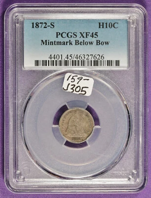 1872-s Seated Liberty Half Dime  Mintmark Below Bow. In PCGS Holder  XF45.  J305 - Image 1 of 2