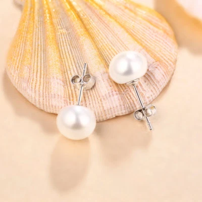 925 Sterling Silver Classic Genuine Freshwater Pearl Stud Earrings 8mm-10mm Gift - image 1 of 2