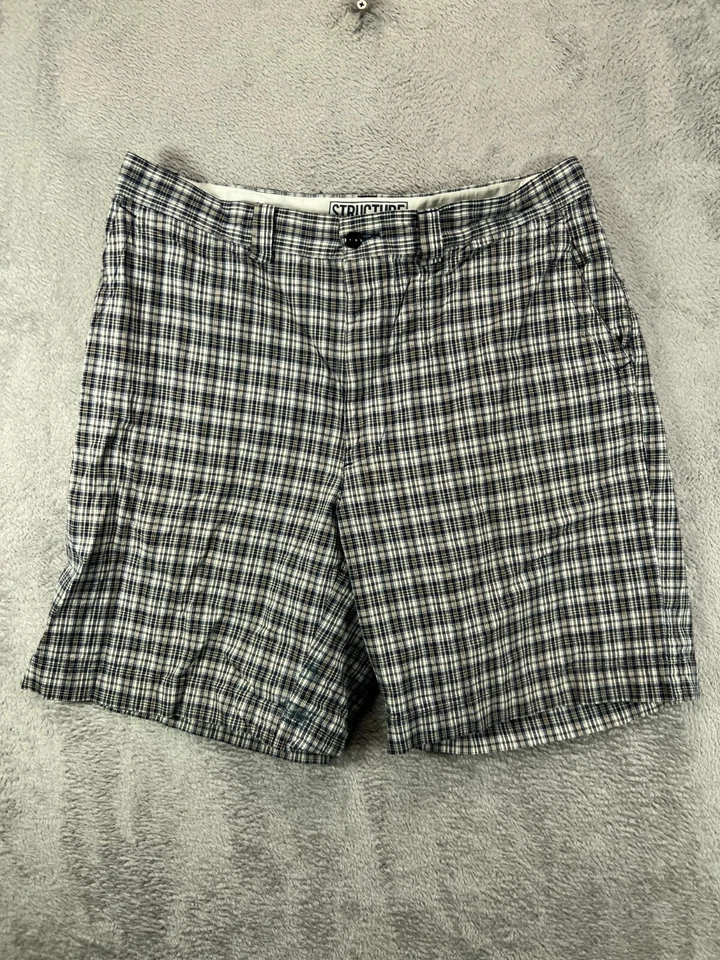 Pantalones Cortos Chinos Vintage Estructura Años 90 Para Hombre 36 Azul Marino Cuadros Algodón Grunge Planos 8" Foto 1 de 4