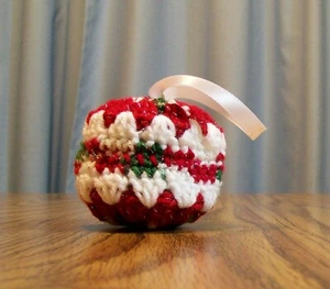 Hanging Christmas Ornament, Red White Ball Ornament, Crochet, Handmade, Decor - Picture 1 of 5