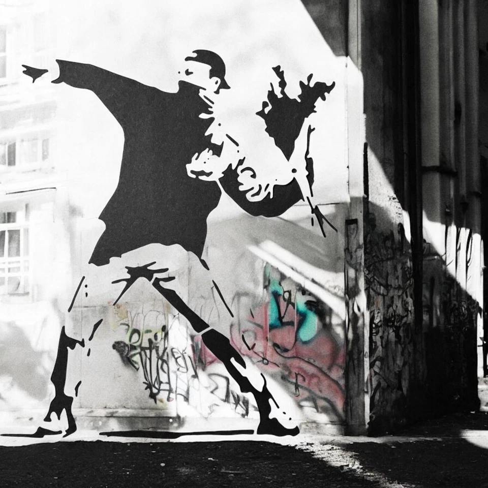 Banksy Schablone Blumenwerfer ❤️ A3 42 x 29 cm ❤️ Nr. 216 Grafiti Street Art - Bild 1 von 4