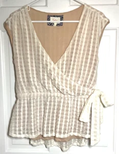 DELETTA SLEEVELESS CREAM TAUPE TOP WRAP TIE CHECKED SIZE M NYLON SPANDEX NEW - Picture 1 of 2