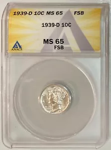1939-D Mercury Dime Full Split Bands, ANACS MS-65 FSB, Lustrous Beauty! - Picture 1 of 2