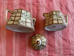 Vintage Nippon Hand painted Cream and Sugar Bowl with Lid Creamer Floral Gold - Picture 1 of 3
