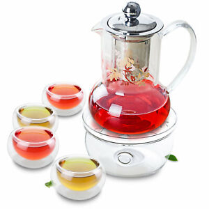 6in1 Tea Set- 530ml Glass Teapot w/ Stainless Steel Filter+4x Cups+ Round Warmer