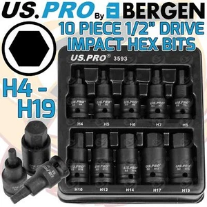 US PRO IMPACT HEX BIT Sockets Set 1/2" Drive Impact H4 To H19 Allen Key S2 Steel - Picture 1 of 4