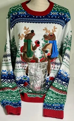 Funny Ugly Christmas Sweater Drinking Reindeer Beer Holder Pocket SZ XL Cozy - Image 1 of 4
