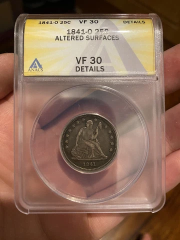 1841-O Seated Quarter, ANACS VF 30 Details Cover