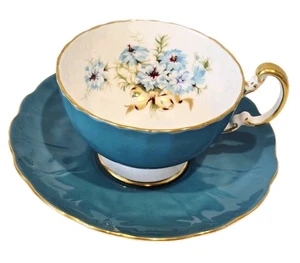 Aynsley Floral Bouquet Gold Filigree Turquoise Tea Cup & Saucer Set  - Picture 1 of 19