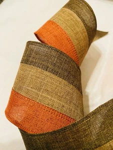 Fall Tricolor Vertical Stripe 2.5" by 5 yd Wired Ribbon Orange Brown Natural - Picture 1 of 7