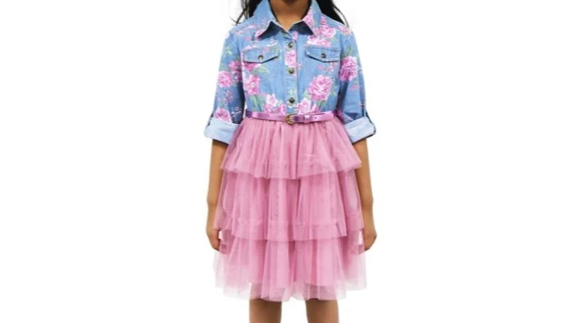 Vestido Tutú Denim Estampado Floral Rosa y Violeta Niños Pequeños y Niñas Pequeñas - Azul/Rosa.S2 Foto 1 de 3