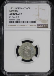 1861 German States Bremen Silver 6 Grote (1/12T) KM#245 NGC AU Details Cleaned - Picture 1 of 2