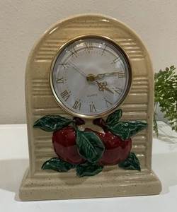 Vtg Ceramic Speckled Tan Arched Red Apple Table Top Clock W/ Quartz Movement - Picture 1 of 7
