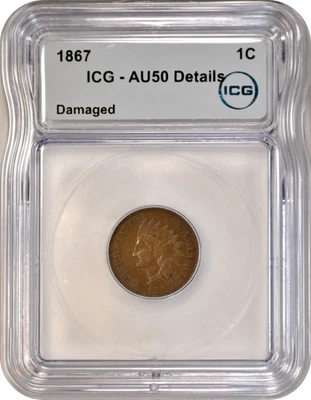 1867 Indian Head Cent 1C Penny ICG AU50 Details Damaged - Image 1 of 3