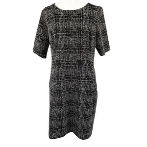 Lands End 14P Short Sleeve Knit Sheath Dress Black Beige Tweed Pockets Career - Picture 1 of 15