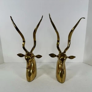 Vintage MCM BRASS Kudu Antelope Book Ends Set of 2 Gazelle Home Decor - Picture 1 of 14